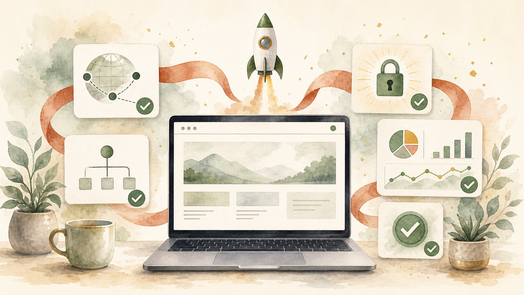 Watercolor illustration of a rocket launching a website into the world