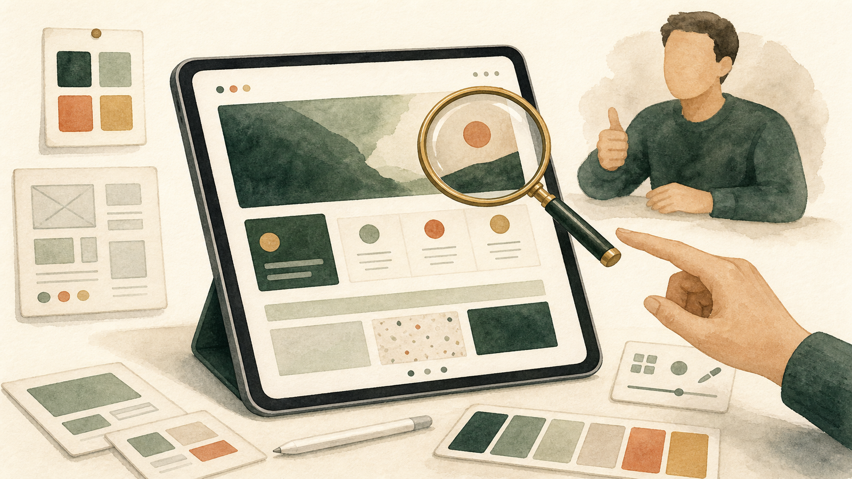 Watercolor illustration of a website design preview on a laptop screen