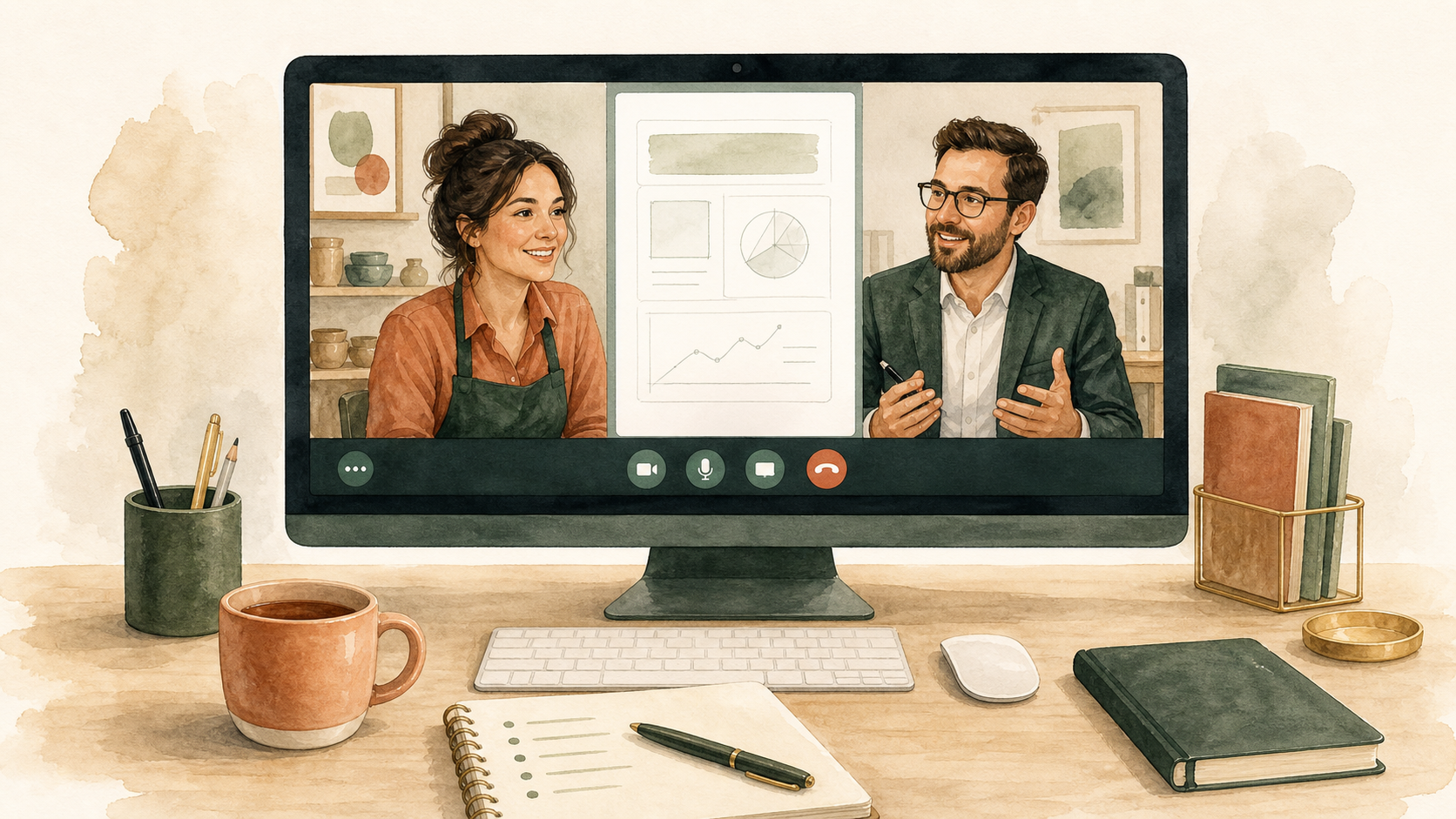 Watercolor illustration of a discovery call between a business owner and Evident Sites
