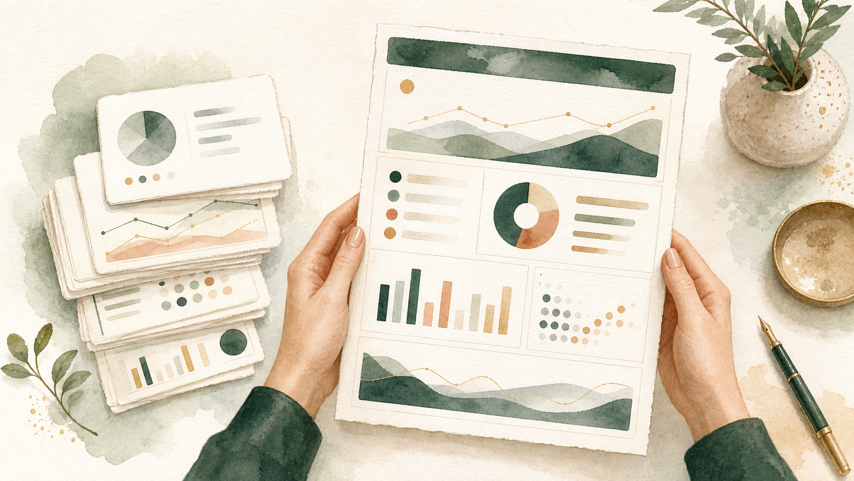 Watercolor illustration of an evidence brief document with strategy highlights