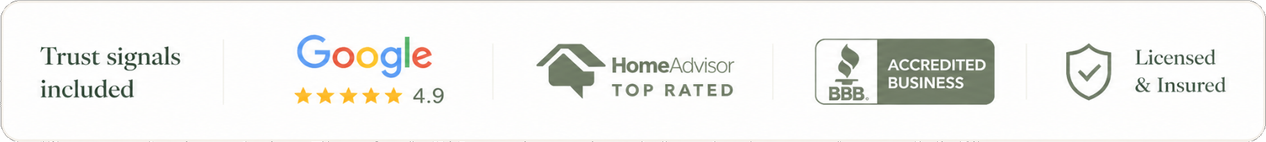 Trust signals: Google 4.9 stars, HomeAdvisor Top Rated, BBB Accredited Business, Licensed & Insured